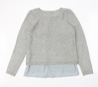 Yumi Womens Grey Scoop Neck Polyester Pullover Jumper Size S - Chiffon Hem