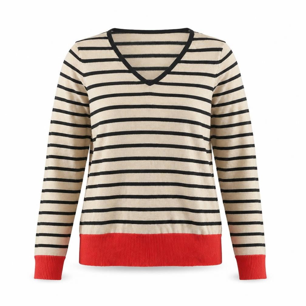 M&Co Womens Beige V-Neck Striped Viscose Pullover Jumper Size 12