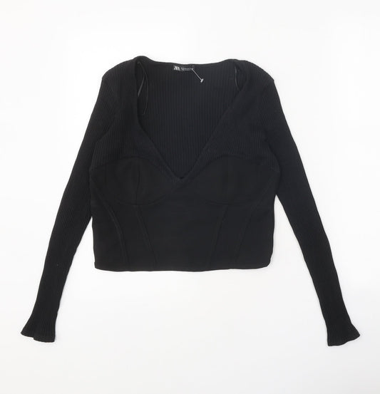 Zara Womens Black Polyester Basic Tank Size M V-Neck