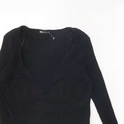 Zara Womens Black Polyester Basic Tank Size M V-Neck