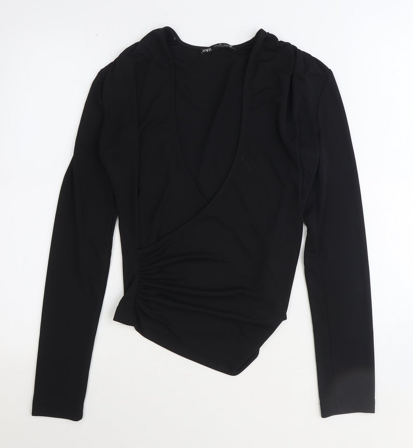 Zara Womens Black Polyester Basic Blouse Size S V-Neck - Side Ruched