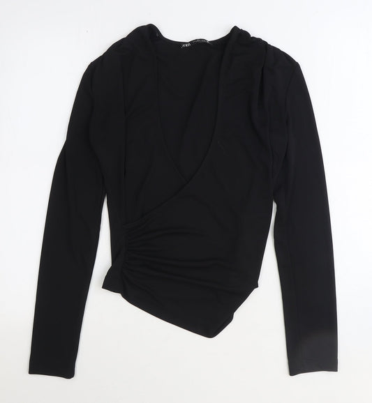 Zara Womens Black Polyester Basic Blouse Size S V-Neck - Side Ruched