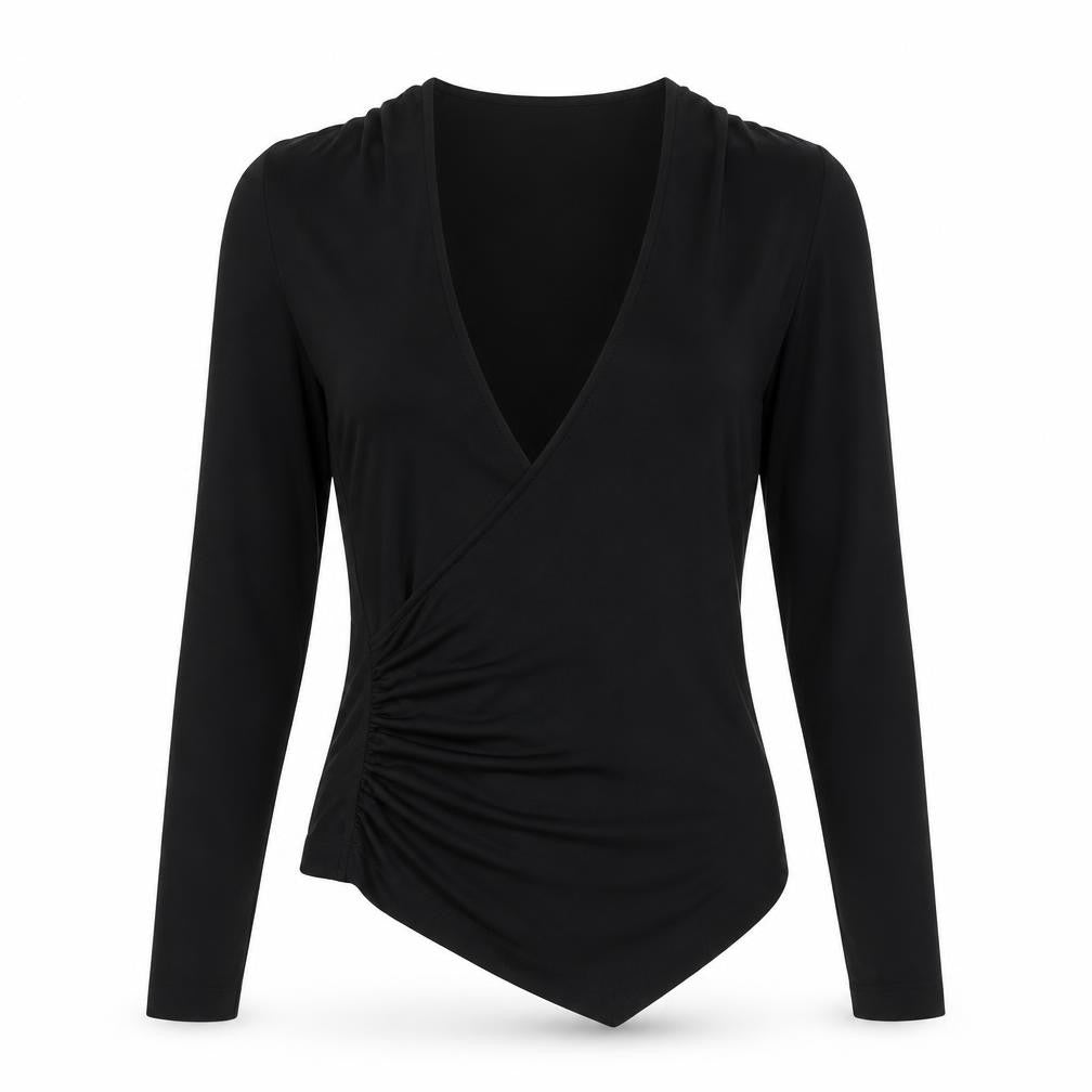Zara Womens Black Polyester Basic Blouse Size S V-Neck - Side Ruched