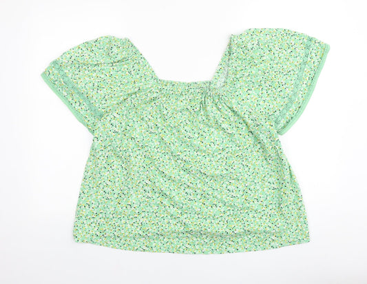 Marks and Spencer Womens Green Floral Viscose Cropped Blouse Size 16 Round Neck