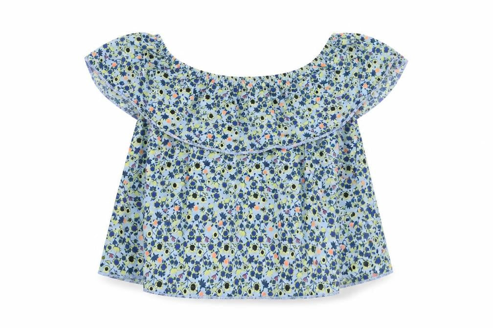 Topshop Womens Blue Floral Viscose Basic Blouse Size 6 Off the Shoulder - Bardot