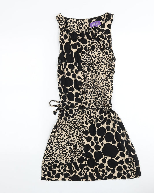 Purple Womens Black Animal Print Cotton Tank Dress Size S Boat Neck Tie