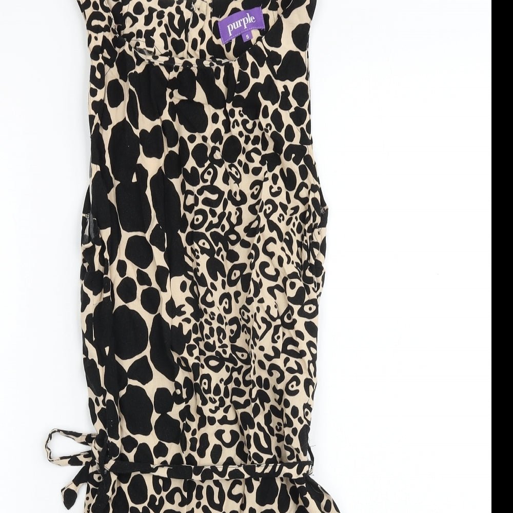 Purple Womens Black Animal Print Cotton Tank Dress Size S Boat Neck Tie