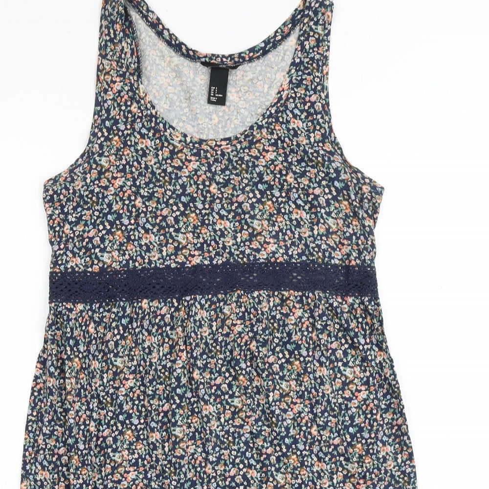 H&M Womens Blue Floral 100% Cotton Tank Dress Size S Scoop Neck Pullover - Lace Trim