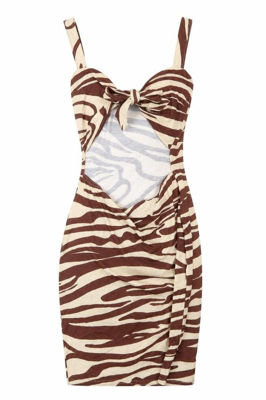 PRETTYLITTLETHING Womens Brown Animal Print Polyester Bodycon Size 8 Scoop Neck Tie - Zebra Print