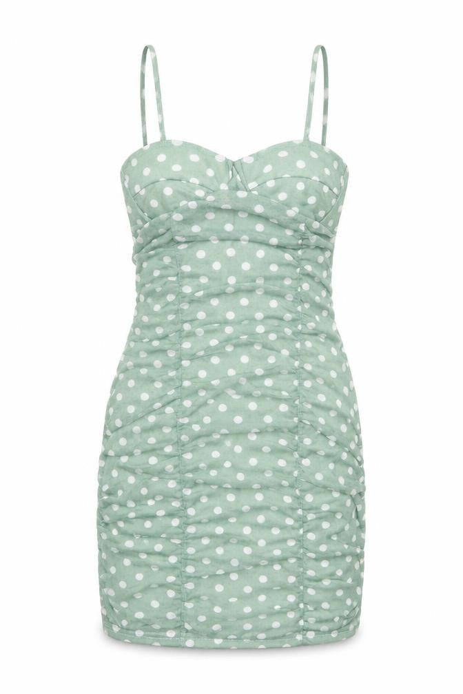 PRETTYLITTLETHING Womens Green Polka Dot Polyester Slip Dress Size 6 Sweetheart Pullover