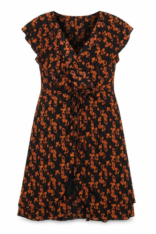 Mela Loves London Womens Black Floral Polyester Wrap Dress Size 14 Scoop Neck Tie