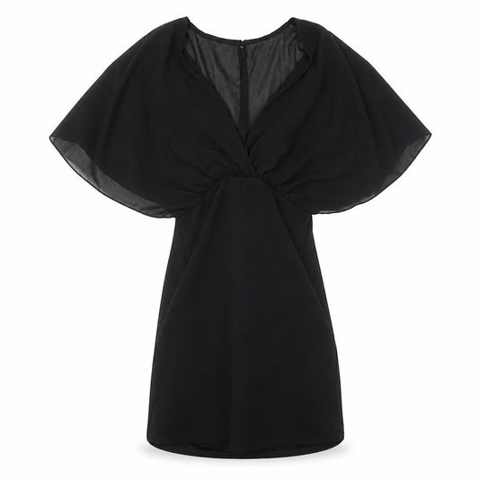 Womens Black Polyester Mini Size 8 V-Neck Button - Voluminous Sleeves