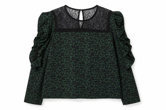 Preworn Womens Green Animal Print Polyester Basic Blouse Size L Round Neck - Lace Detail Leopard Print