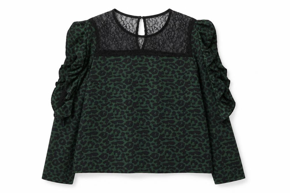 Preworn Womens Green Animal Print Polyester Basic Blouse Size L Round Neck - Lace Detail Leopard Print