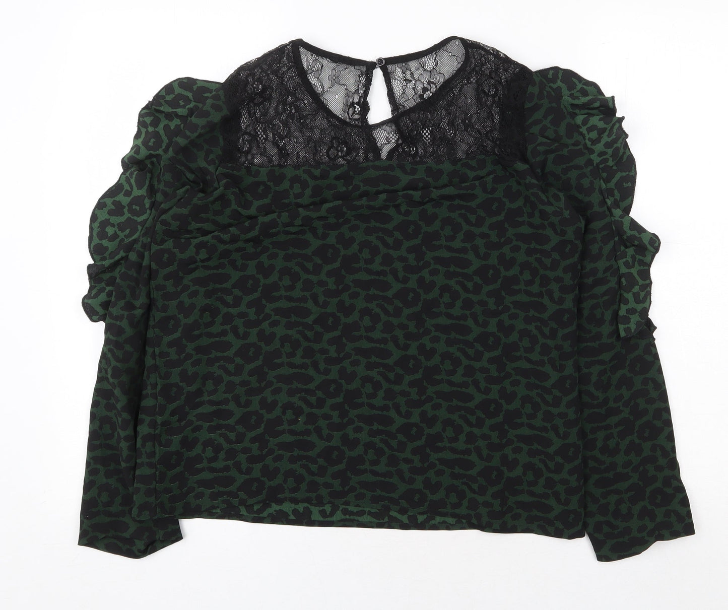 Preworn Womens Green Animal Print Polyester Basic Blouse Size L Round Neck - Lace Detail Leopard Print