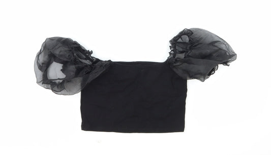 Topshop Womens Black Cotton Cropped Blouse Size 8 Square Neck - Puff Sleeve