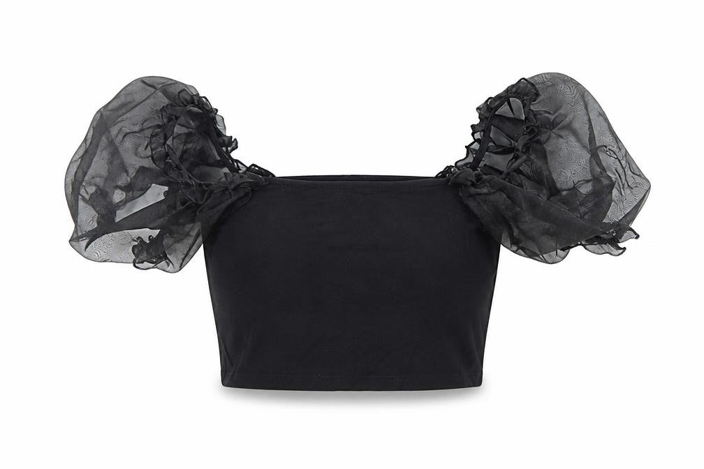 Topshop Womens Black Cotton Cropped Blouse Size 8 Square Neck - Puff Sleeve