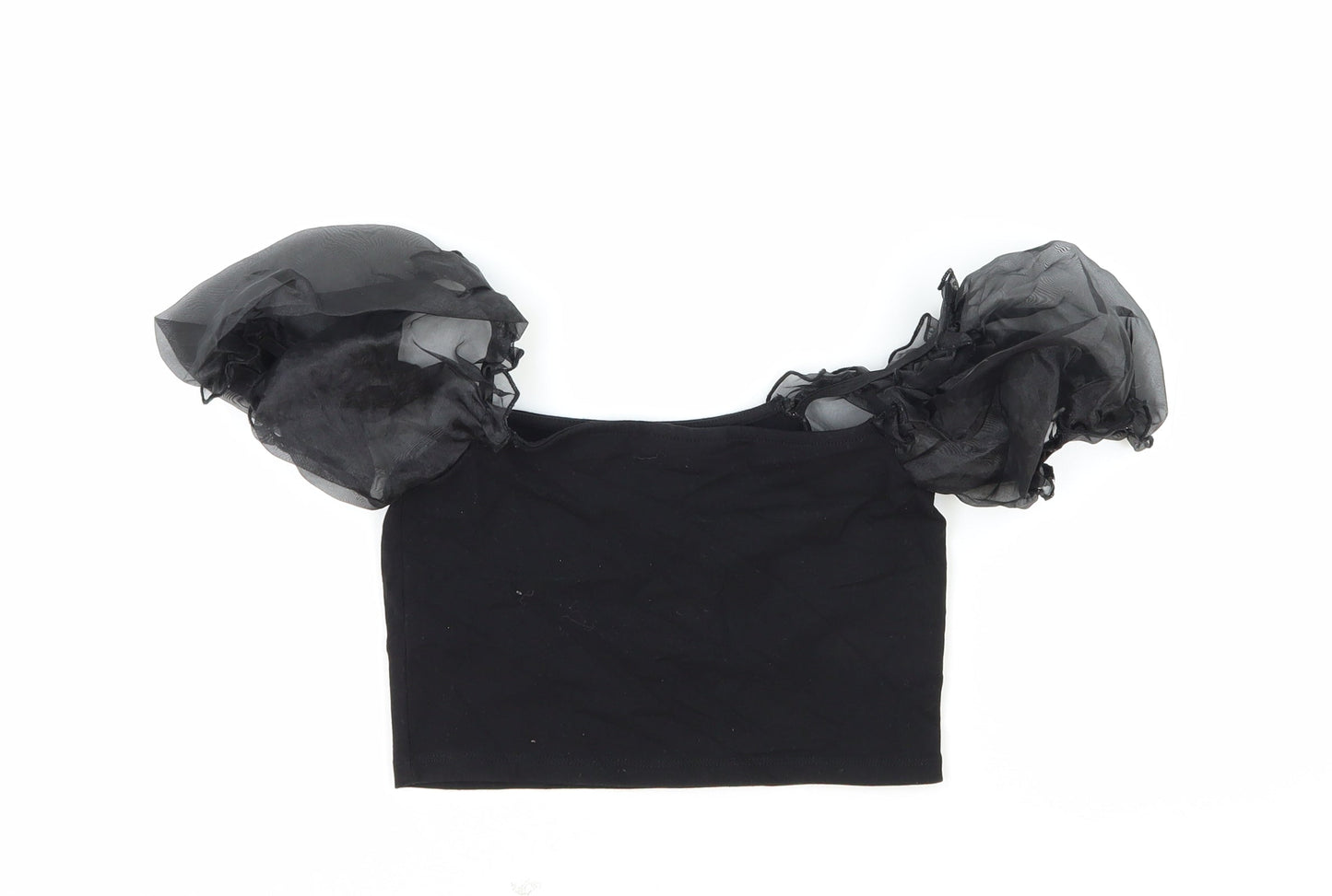 Topshop Womens Black Cotton Cropped Blouse Size 8 Square Neck - Puff Sleeve