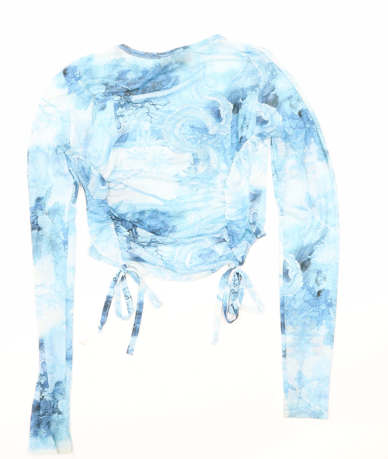 PRETTYLITTLETHING Womens Blue Geometric Viscose Cropped T-Shirt Size 8 Round Neck - Dragon