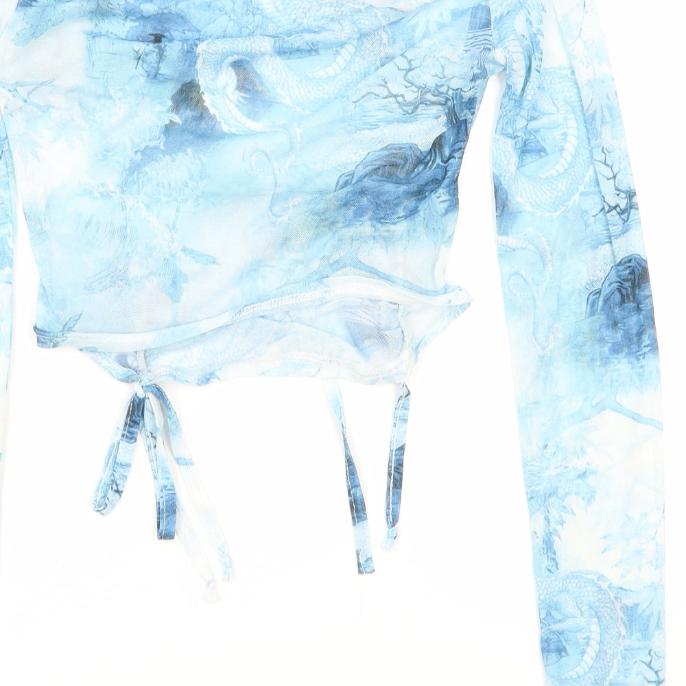 PRETTYLITTLETHING Womens Blue Geometric Viscose Cropped T-Shirt Size 8 Round Neck - Dragon