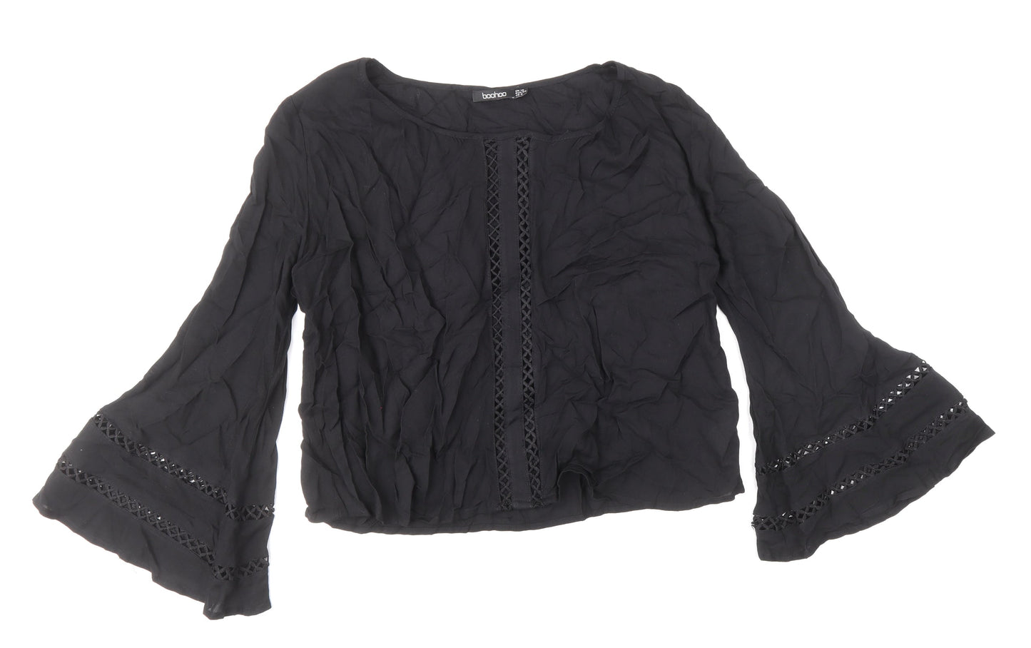 Boohoo Womens Black Viscose Basic Blouse Size 10 Boat Neck - Flute Sleeve