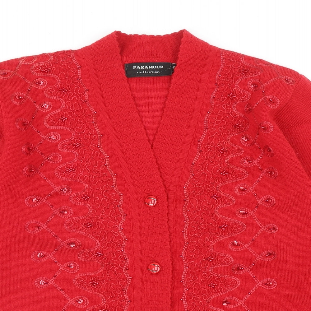 Paramour Womens Red V-Neck Acrylic Cardigan Jumper Size S