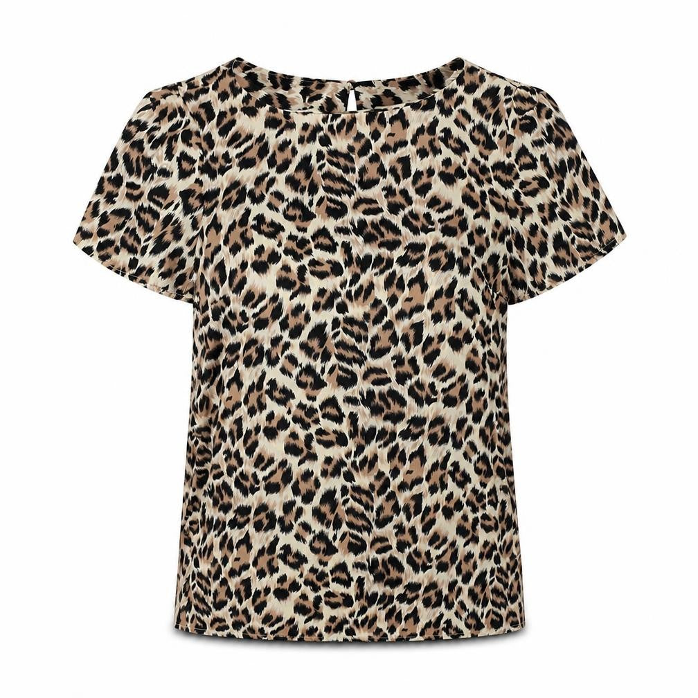 Oasis Womens Brown Animal Print Polyester Basic T-Shirt Size 6 Round Neck - Leopard print