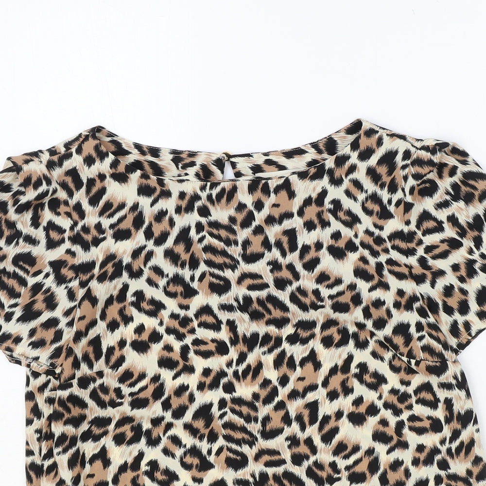 Oasis Womens Brown Animal Print Polyester Basic T-Shirt Size 6 Round Neck - Leopard print