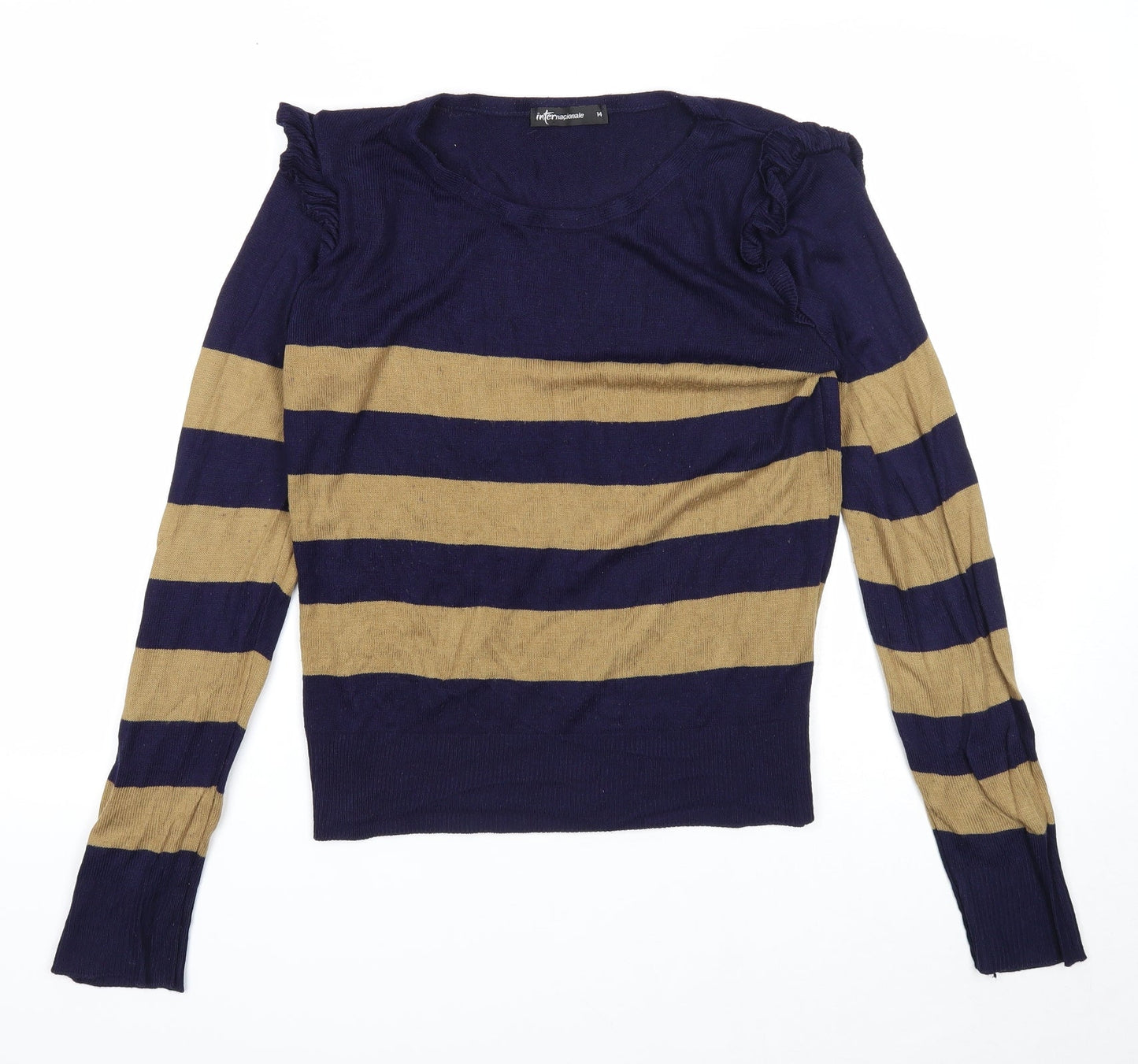 Internationale Womens Blue Round Neck Striped Cotton Pullover Jumper Size 14