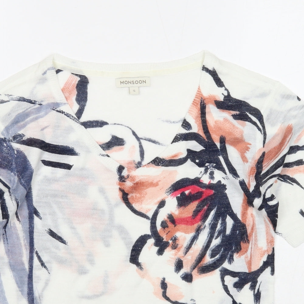 Monsoon Womens White Floral Acrylic Basic Blouse Size S V-Neck