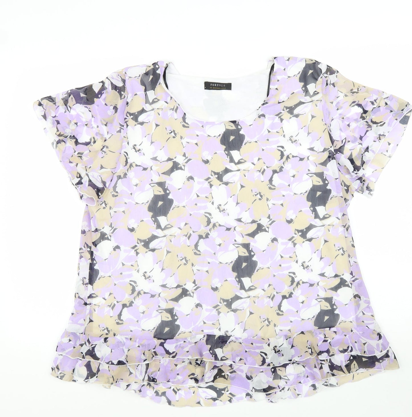 Forever Womens Purple Floral Polyester Basic T-Shirt Size XL Scoop Neck