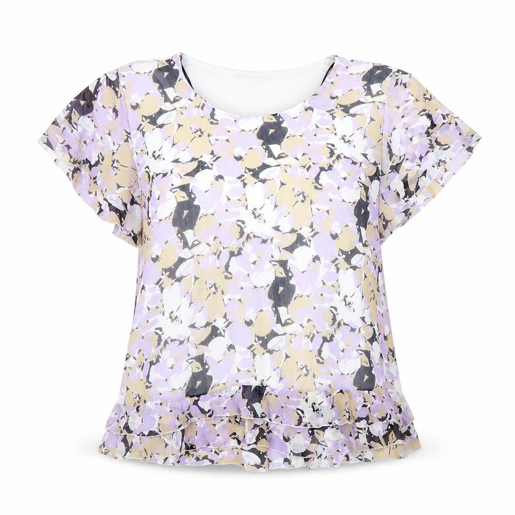 Forever Womens Purple Floral Polyester Basic T-Shirt Size XL Scoop Neck
