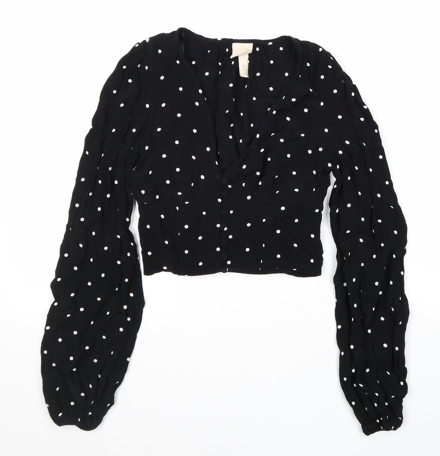 H&M Womens Black Polka Dot Viscose Cropped Blouse Size 4 V-Neck
