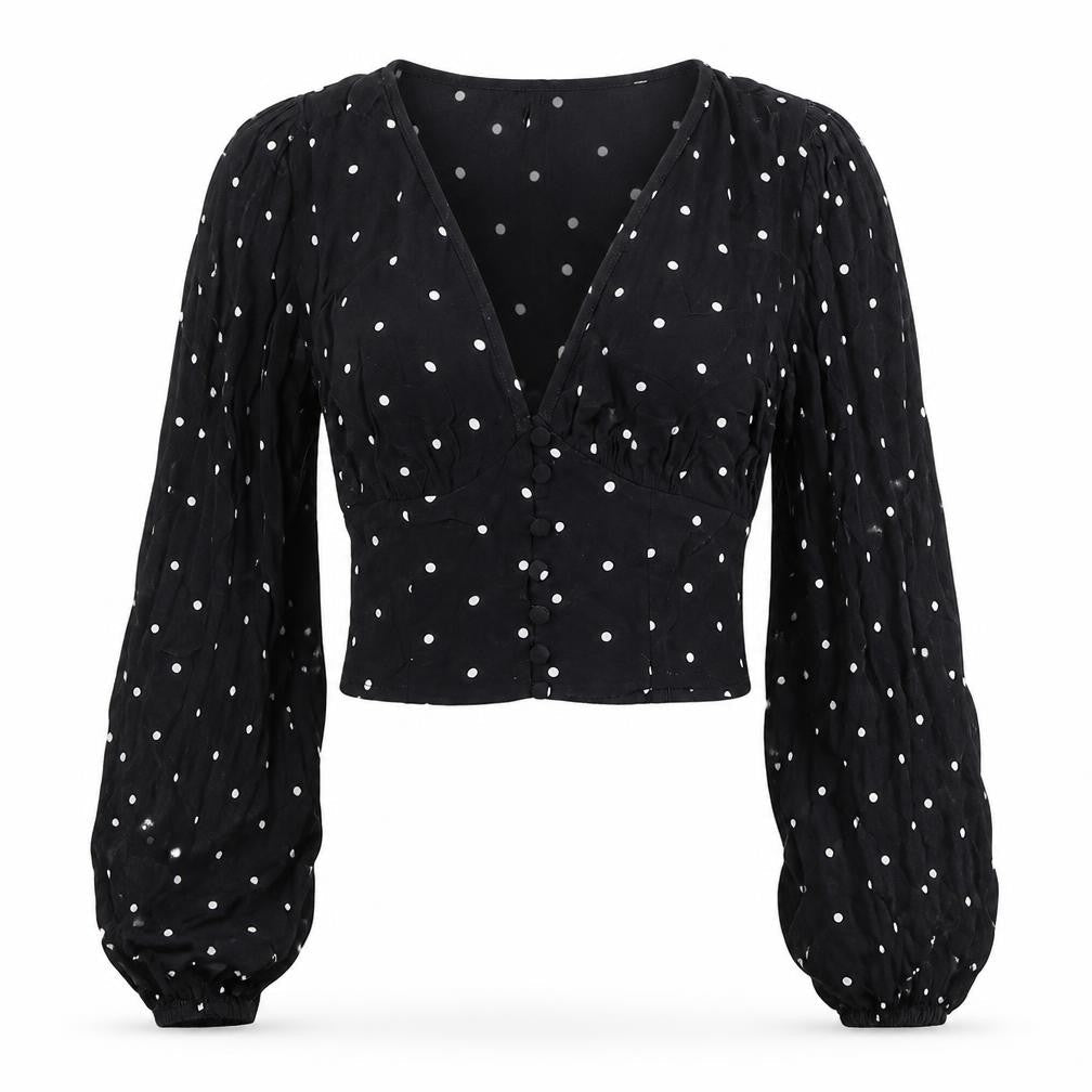 H&M Womens Black Polka Dot Viscose Cropped Blouse Size 4 V-Neck
