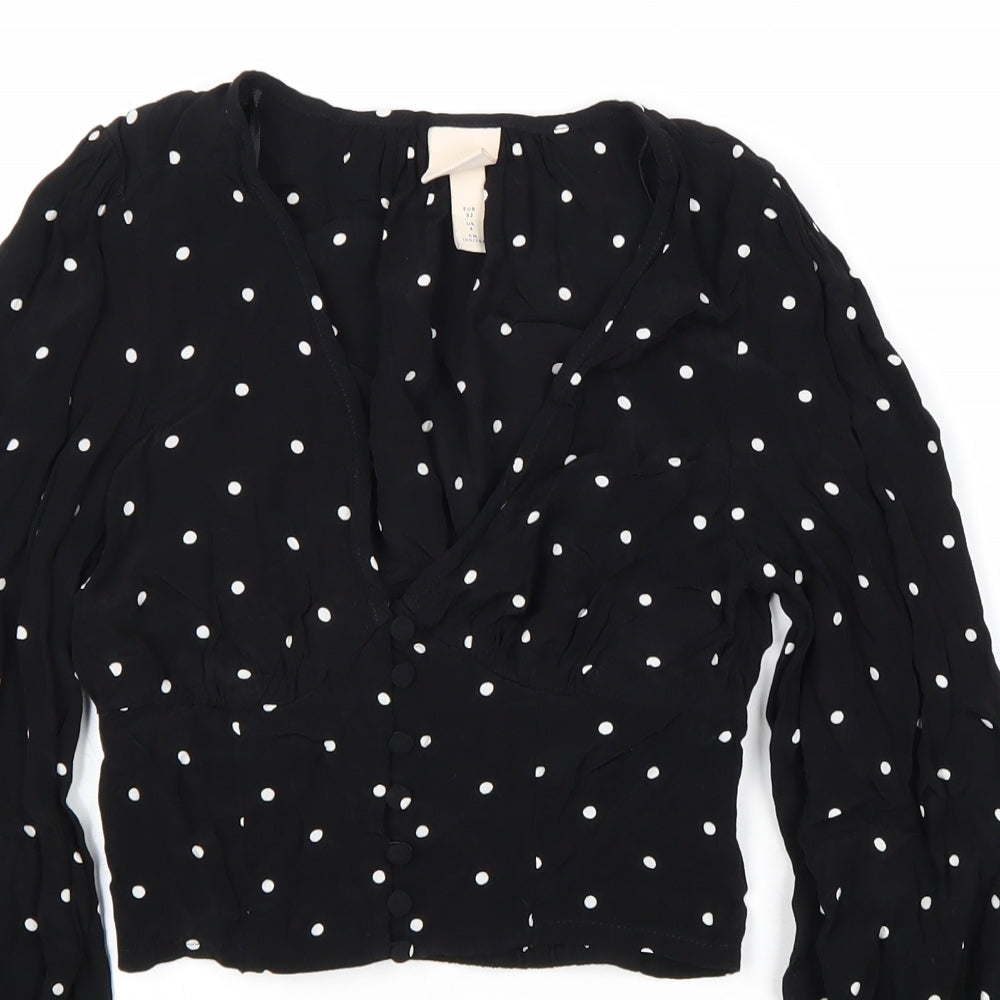 H&M Womens Black Polka Dot Viscose Cropped Blouse Size 4 V-Neck