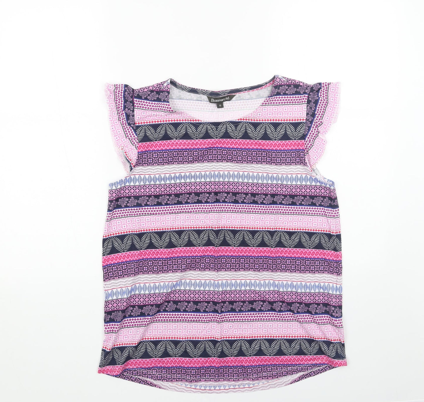 Bonmarché Womens Pink Geometric Cotton Basic Tank Size 12 Round Neck