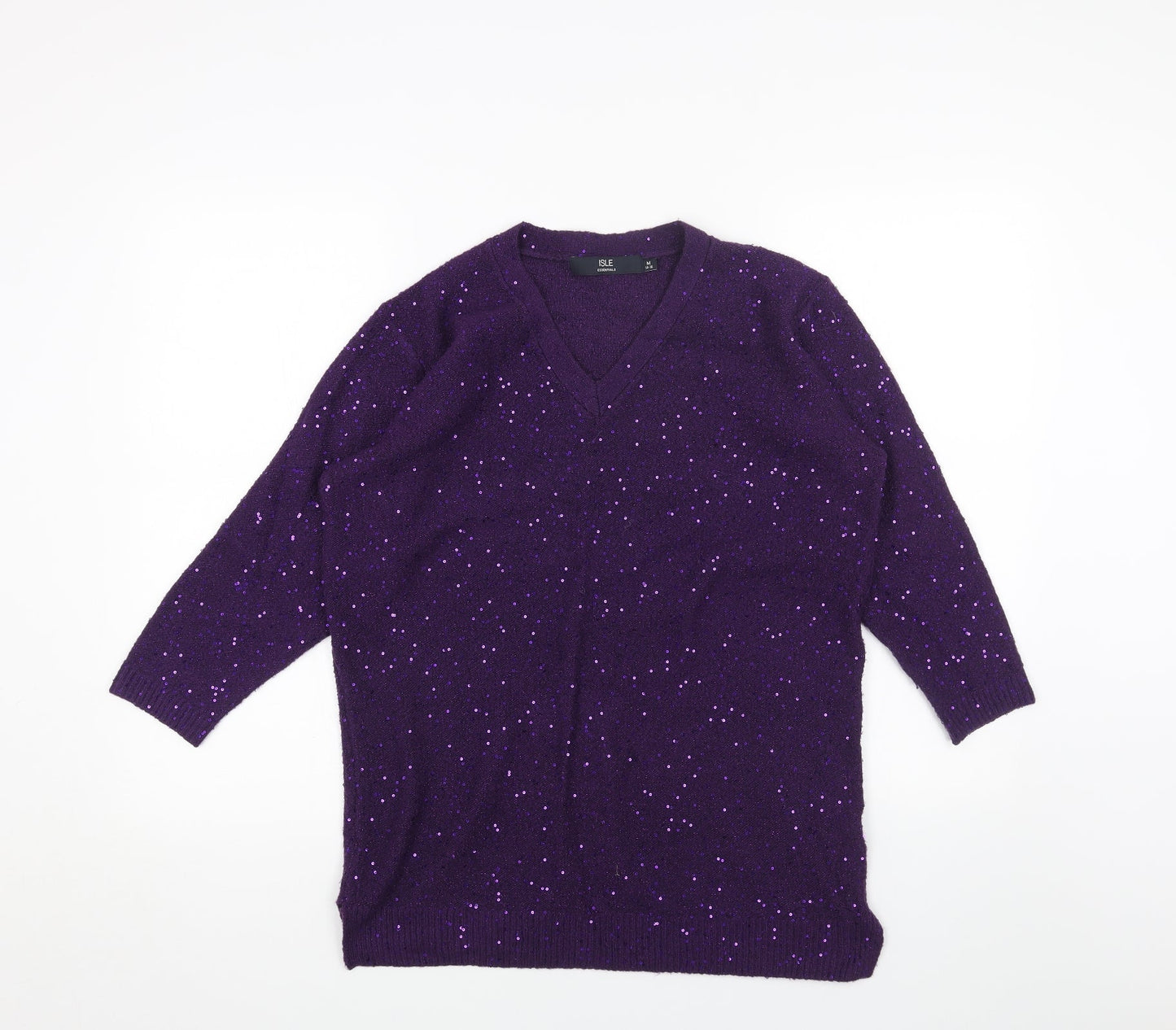 ISLE Womens Purple V-Neck Acrylic Pullover Jumper Size M