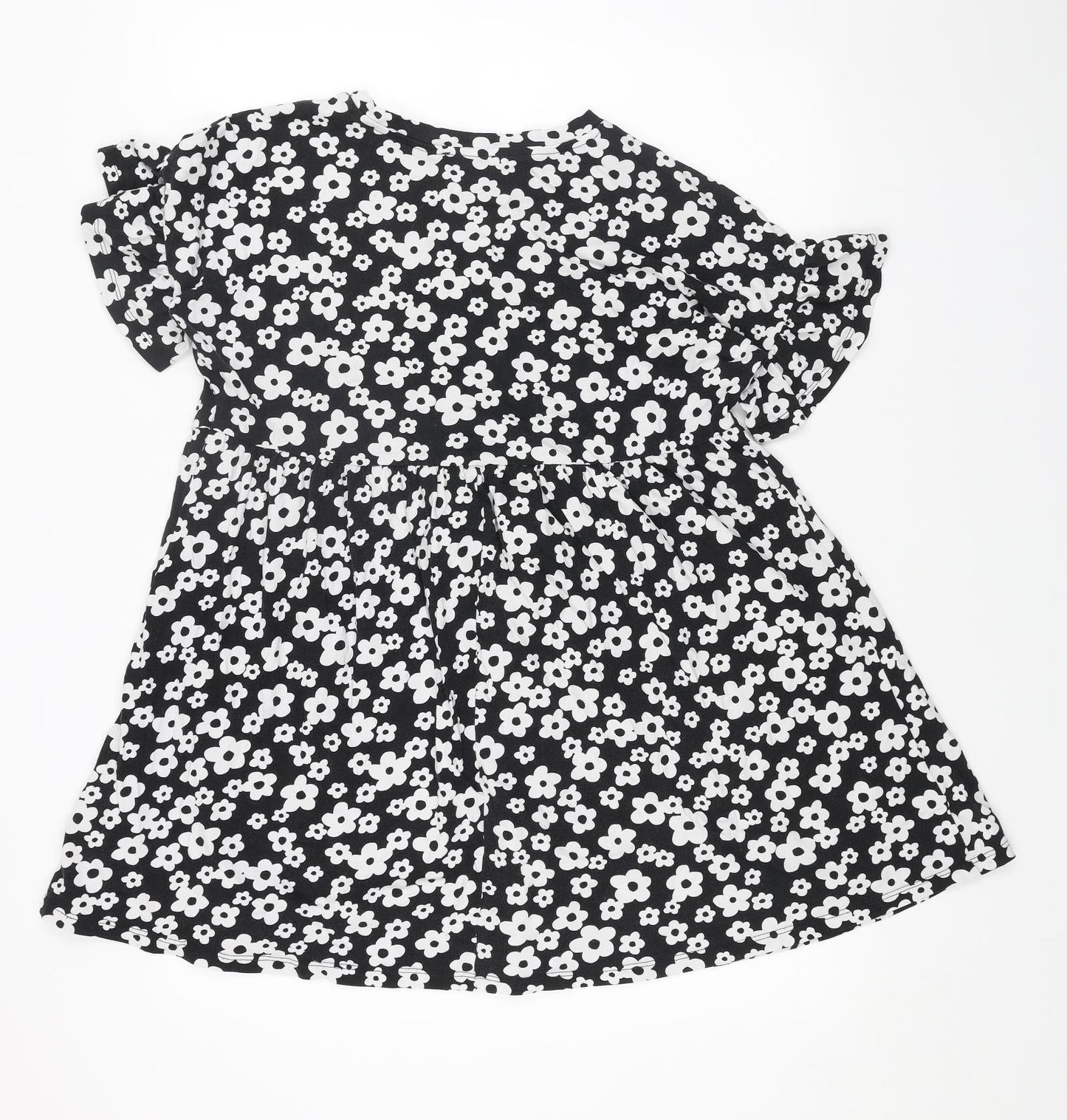 New Look Womens Black Floral Cotton Trapeze & Swing Size 10 Boat Neck Pullover