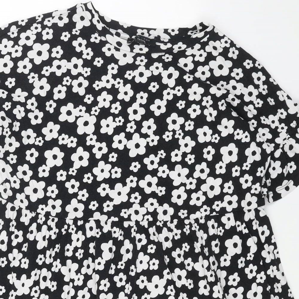 New Look Womens Black Floral Cotton Trapeze & Swing Size 10 Boat Neck Pullover