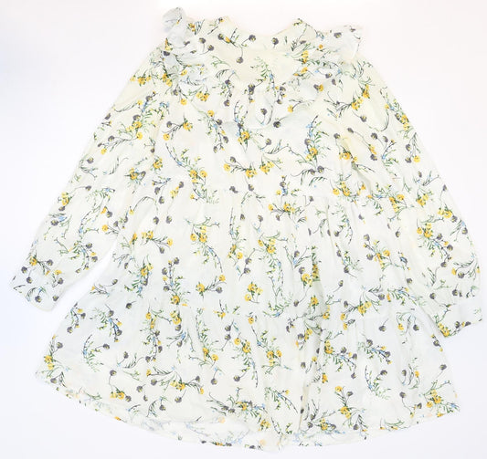 Nasty Gal Womens White Floral Polyester Trapeze & Swing Size M Round Neck Zip