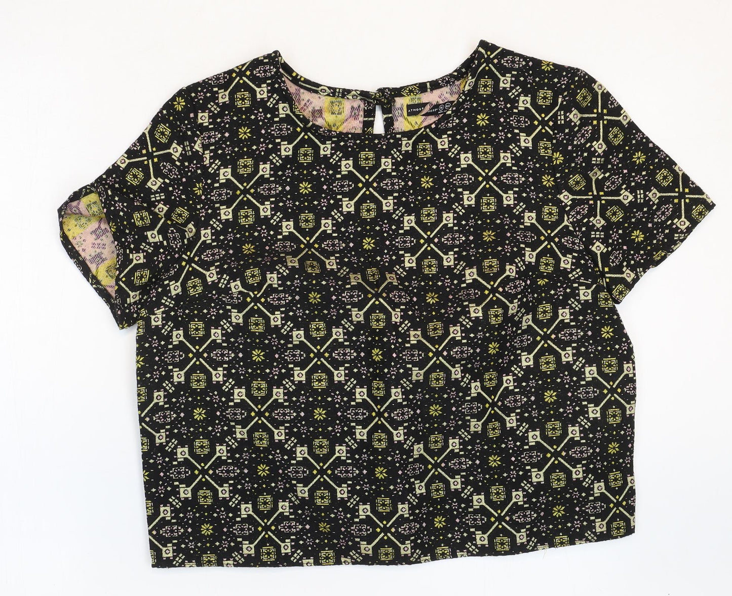 Atmosphere Womens Black Geometric Polyester Basic T-Shirt Size 14 Scoop Neck