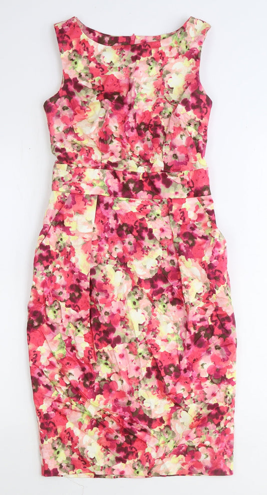 Amphora Womens Pink Floral Cotton Sheath Size 8 Boat Neck Zip