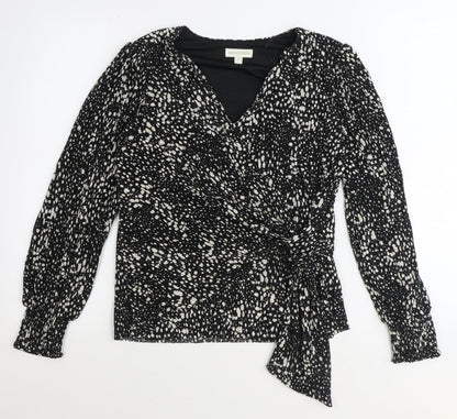 Monsoon Womens Black Geometric Polyester Wrap Blouse Size S V-Neck