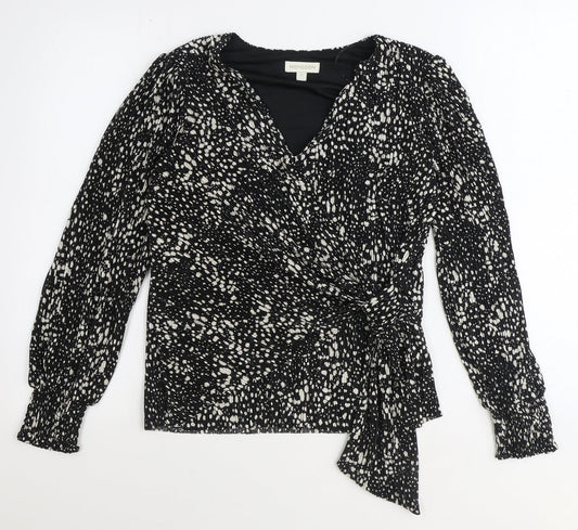 Monsoon Womens Black Geometric Polyester Wrap Blouse Size S V-Neck