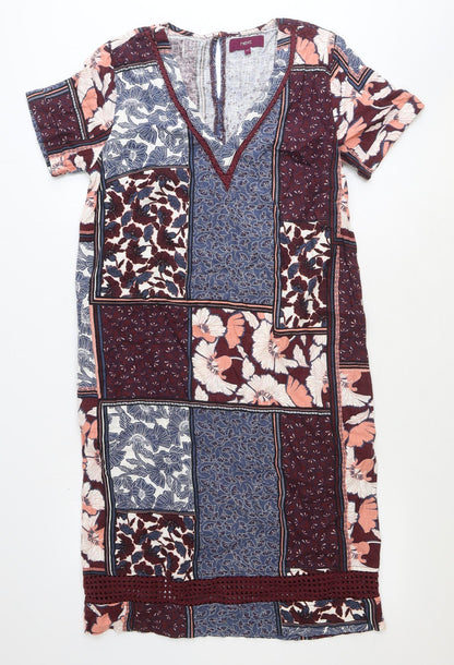 Next Womens Multicoloured Geometric Linen Shift Size 10 V-Neck Button