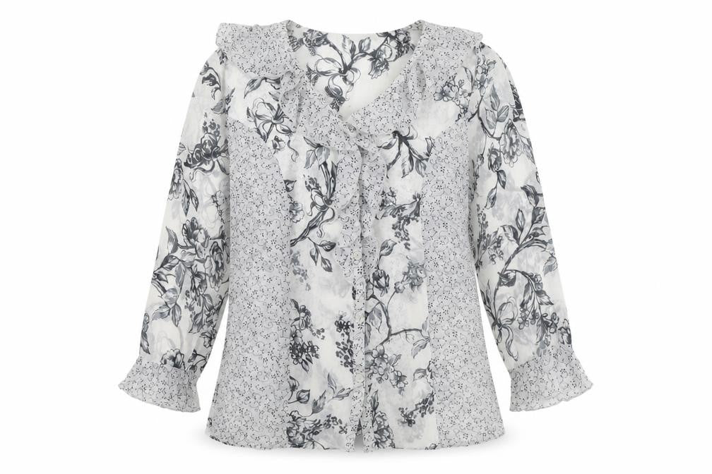 George Womens Grey Floral Polyester Basic Button-Up Size 12 V-Neck