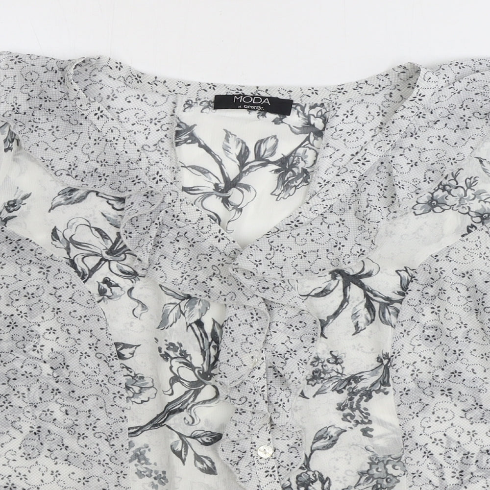George Womens Grey Floral Polyester Basic Button-Up Size 12 V-Neck