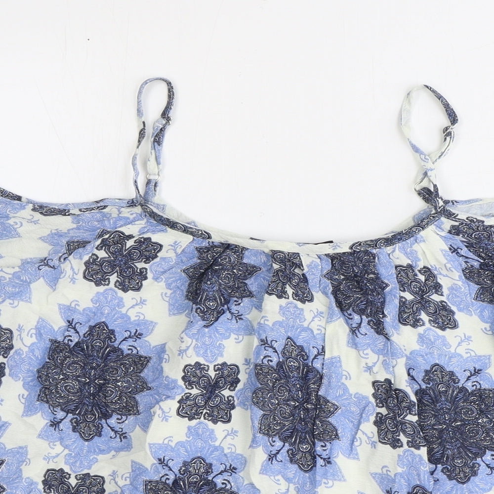 Select Womens Blue Geometric Viscose Cropped Blouse Size 12 Off the Shoulder - Lace Detail