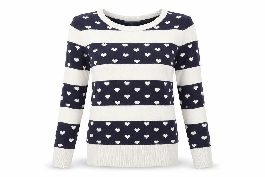 Red Herring Womens Blue Round Neck Geometric Cotton Pullover Jumper Size 8 - Heart Pattern