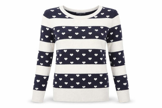 Red Herring Womens Blue Round Neck Geometric Cotton Pullover Jumper Size 8 - Heart Pattern